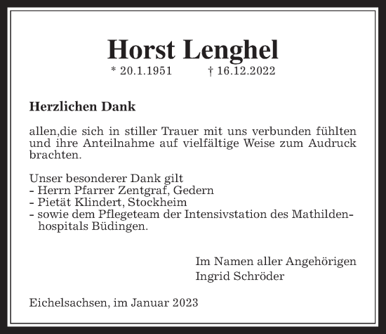 Traueranzeige von Horst Lenghel von Kreis-Anzeiger