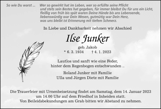 Traueranzeige von Ilse Junker von Giessener Anzeiger, Giessener Allgemeine, Alsfelder Allgemeine