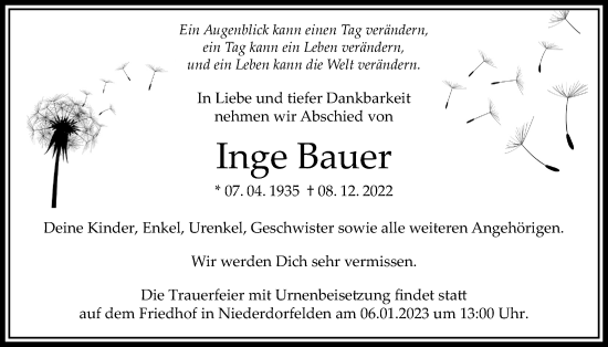 Traueranzeige von Inge Bauer von Bad Vilbel/Karben
