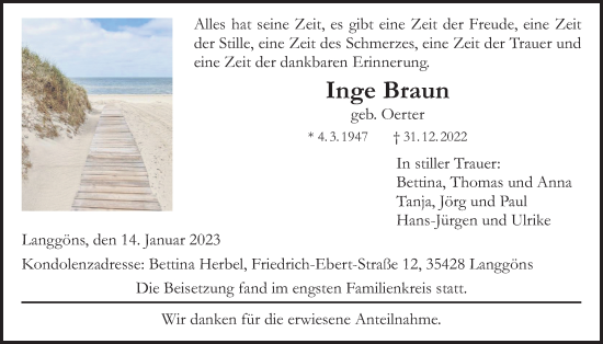Traueranzeige von Inge Braun von Giessener Allgemeine, Alsfelder Allgemeine