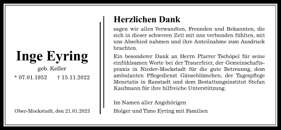 Traueranzeige von Inge Eyring von Kreis-Anzeiger