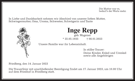 Traueranzeige von Inge Repp von Wetterauer Zeitung