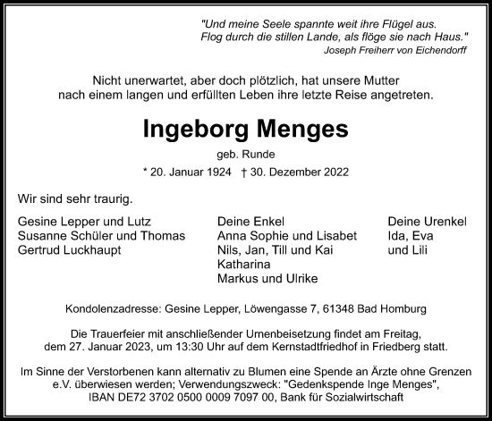 Traueranzeige von Ingeborg Menges von Wetterauer Zeitung