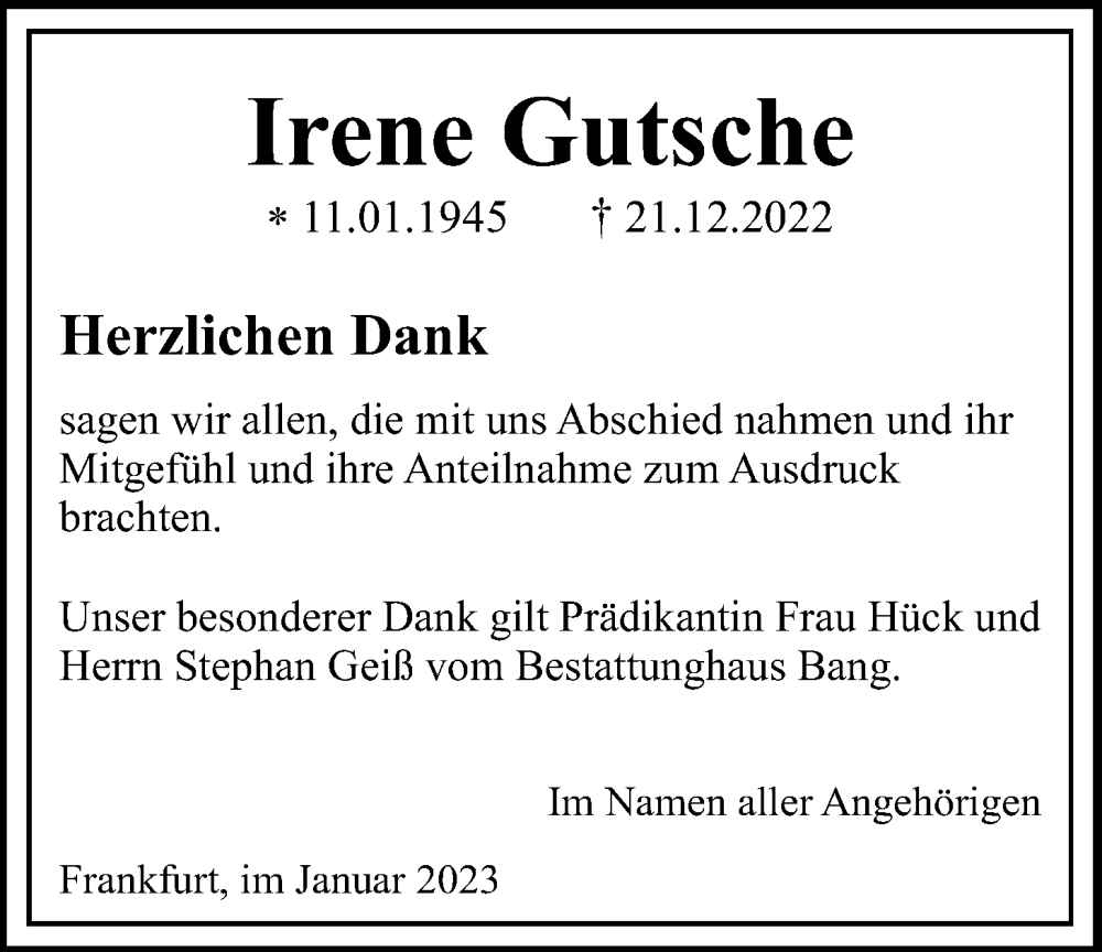  Traueranzeige für Irene Gutsche vom 21.01.2023 aus Wetterauer Zeitung
