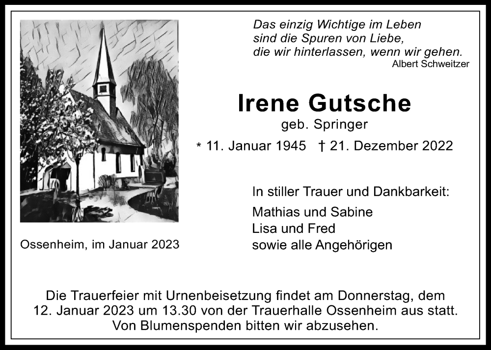  Traueranzeige für Irene Gutsche vom 07.01.2023 aus Wetterauer Zeitung