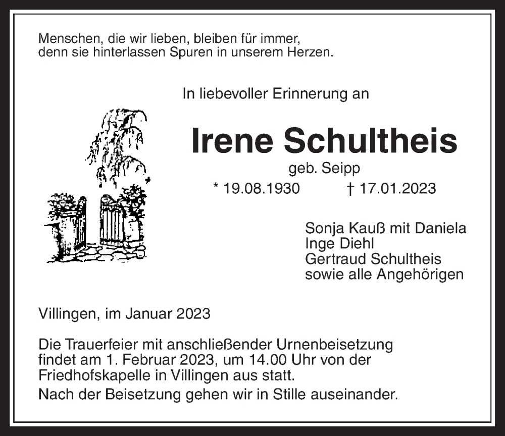  Traueranzeige für Irene Schultheis vom 25.01.2023 aus Laubacher Anzeiger