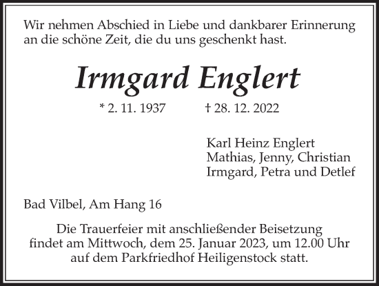 Traueranzeige von Irmgard Englert von Bad Vilbel/Karben