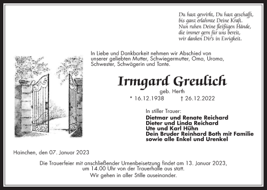 Traueranzeige von Irmgard Greulich von Kreis-Anzeiger