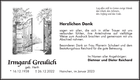 Traueranzeige von Irmgard Greulich von Kreis-Anzeiger