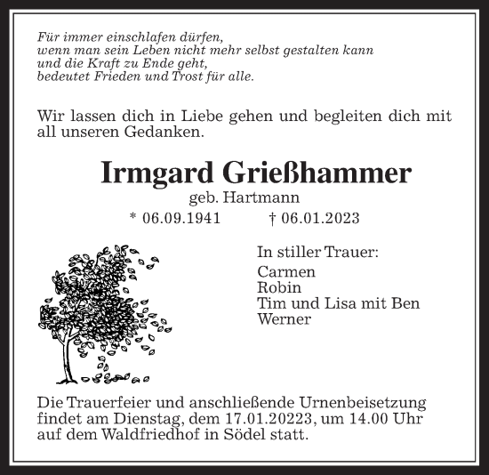 Traueranzeige von Irmgard Grießhammer von Wetterauer Zeitung