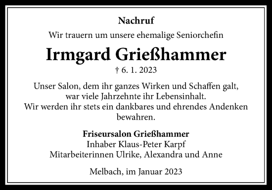 Traueranzeige von Irmgard Grießhammer von Wetterauer Zeitung