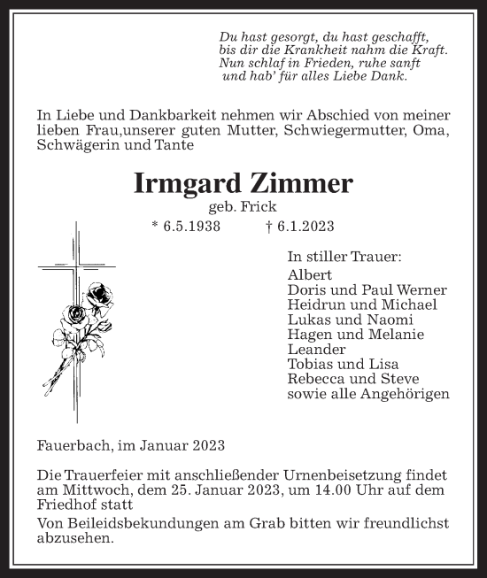 Traueranzeige von Irmgard Zimmer von Kreis-Anzeiger