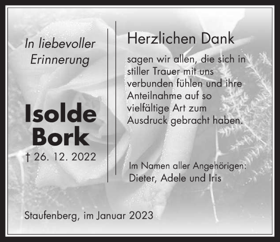Traueranzeige von Isolde Bork von Giessener Anzeiger, Giessener Allgemeine, Alsfelder Allgemeine