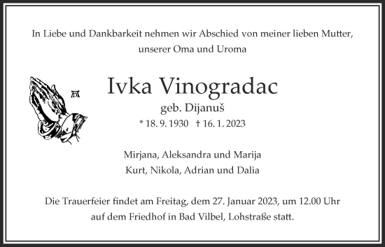 Traueranzeige von Ivka Vinogradac von Bad Vilbel/Karben