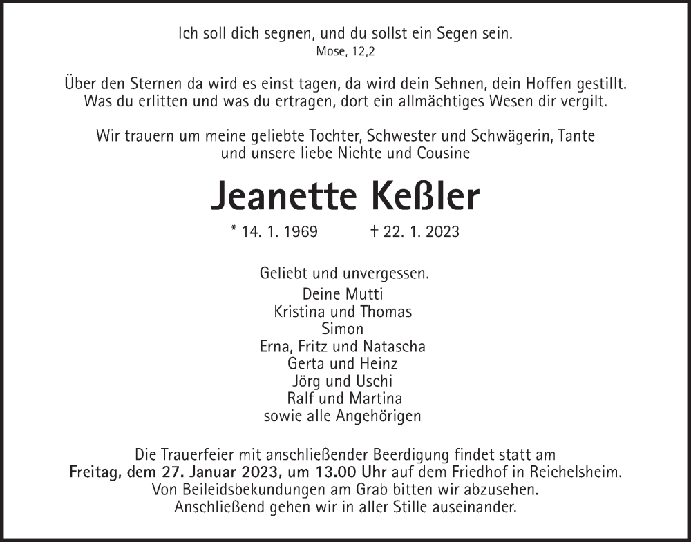  Traueranzeige für Jeanette Keßler vom 25.01.2023 aus Wetterauer Zeitung