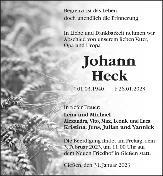 Traueranzeige von Johann Heck von Giessener Anzeiger, Giessener Allgemeine, Alsfelder Allgemeine