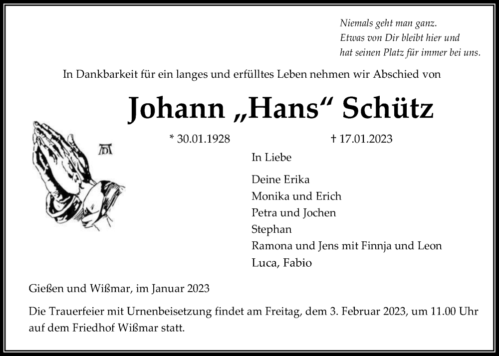  Traueranzeige für Johann Schütz vom 28.01.2023 aus Giessener Allgemeine, Alsfelder Allgemeine