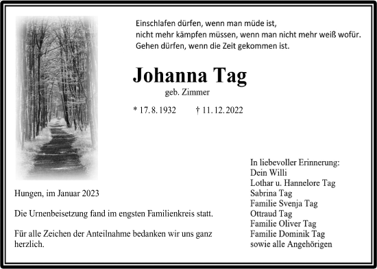 Traueranzeige von Johanna Tag von Licher Wochenblatt, Licher Wochenblatt