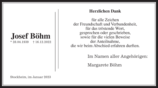 Traueranzeige von Josef Böhm von Kreis-Anzeiger