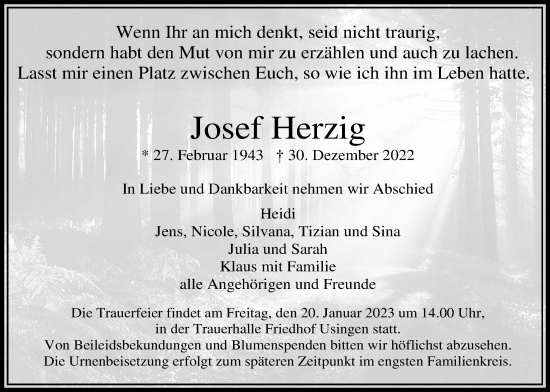 Traueranzeige von Josef Herzig von Usinger Anzeiger