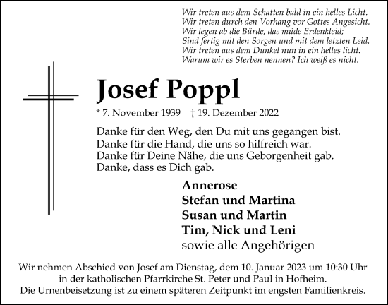 Traueranzeige von Josef Poppl 