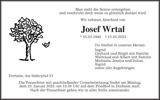 Traueranzeige von Josef Wrtal von Wetterauer Zeitung