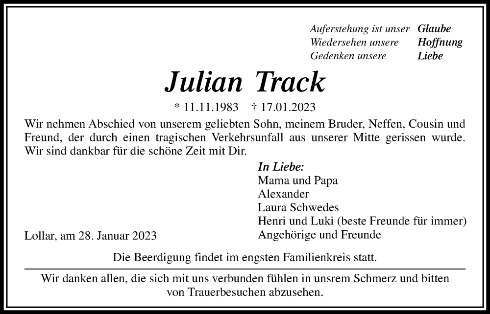  Traueranzeige für Julian Track vom 28.01.2023 aus Giessener Allgemeine, Alsfelder Allgemeine