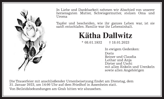 Traueranzeige von Kätha Dallwitz von Wetterauer Zeitung