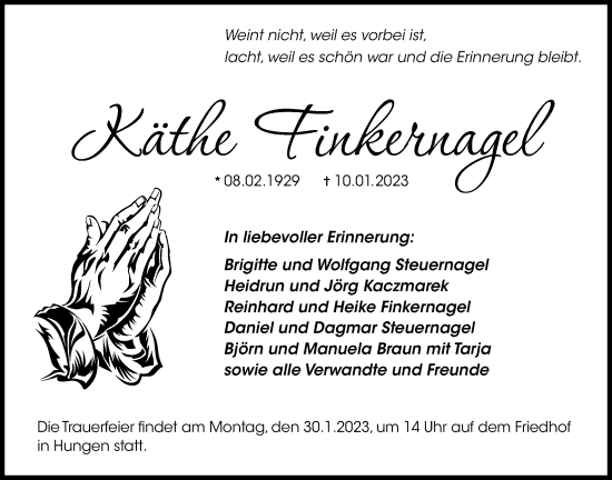 Traueranzeige von Käthe Finkernagel von Licher Wochenblatt