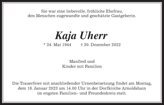 Traueranzeige von Kaja Uherr von Usinger Anzeiger