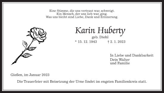 Traueranzeige von Karin Huberty von Giessener Allgemeine, Alsfelder Allgemeine