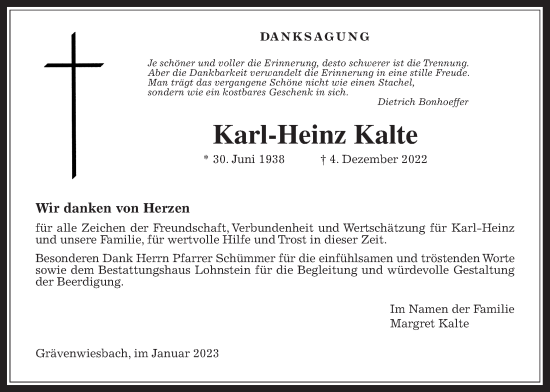 Traueranzeige von Karl-Heinz Kalte von Usinger Anzeiger