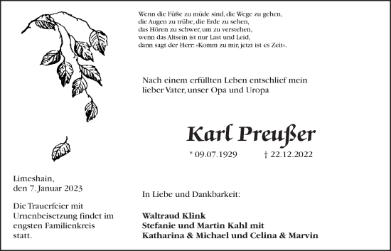 Traueranzeige von Karl Preußer von Kreis-Anzeiger