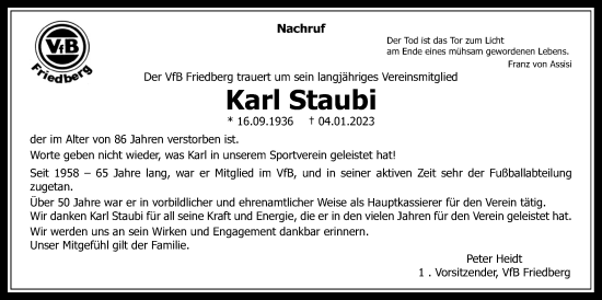 Traueranzeige von Karl Staubi von Wetterauer Zeitung