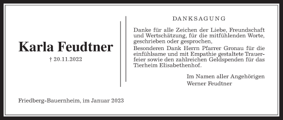 Traueranzeige von Karla Feudtner von Wetterauer Zeitung