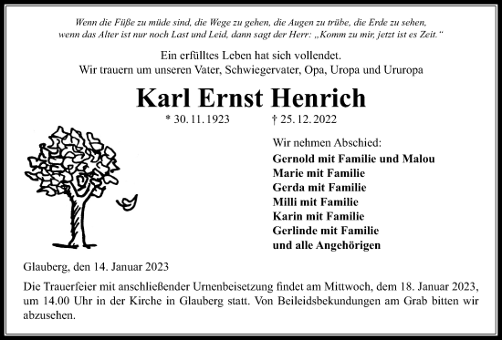 Traueranzeige von Karl Ernst Henrich von Kreis-Anzeiger
