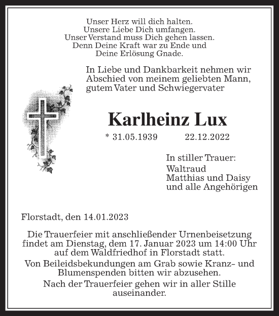 Traueranzeige von Karlheinz Lux von Wetterauer Zeitung