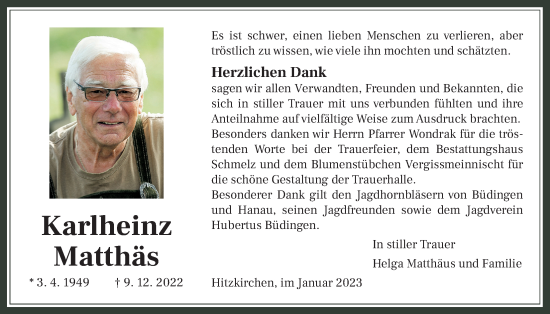 Traueranzeige von Karlheinz Matthäs von Kreis-Anzeiger