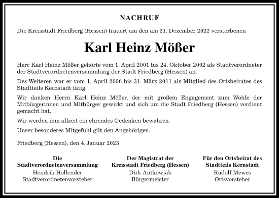Traueranzeige von Karl Heinz Mößer von Wetterauer Zeitung