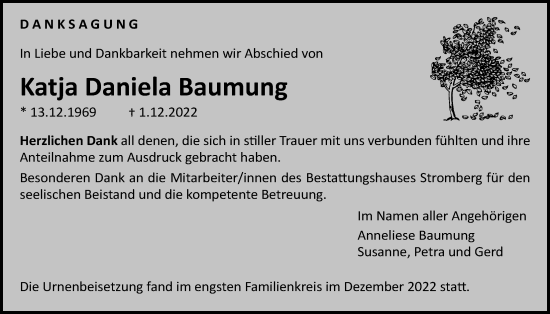 Traueranzeige von Katja Daniela Baumung von Licher Wochenblatt, Licher Wochenblatt