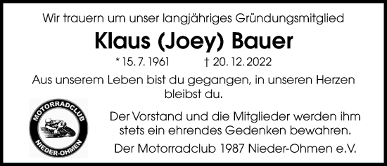 Traueranzeige von Klaus Bauer von Mücker Stimme, Mücker Stimme