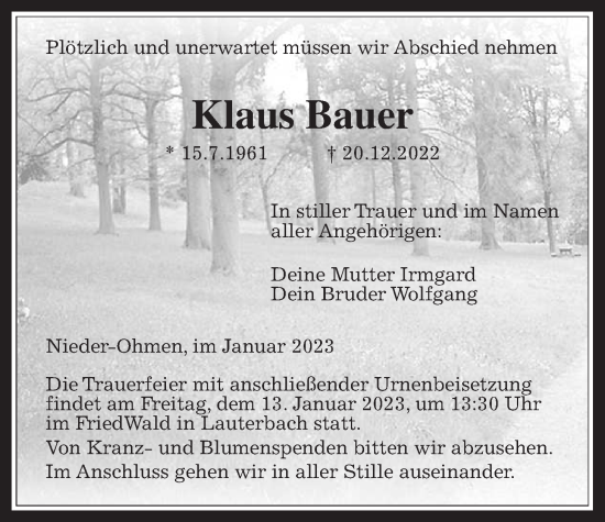 Traueranzeige von Klaus Bauer von Alsfelder Allgemeine, Mücker Stimme, Mücker Stimme