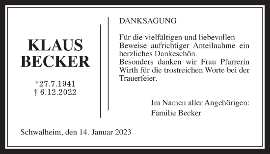 Traueranzeige von Klaus Becker von Wetterauer Zeitung