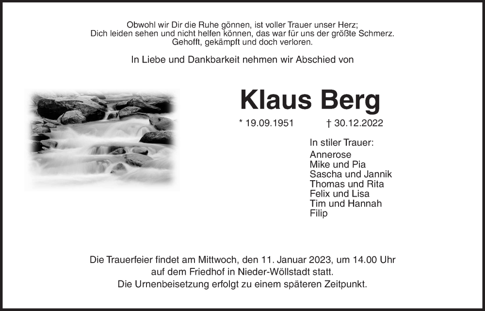  Traueranzeige für Klaus Berg vom 07.01.2023 aus Wetterauer Zeitung