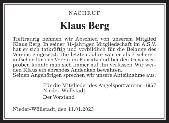 Traueranzeige von Klaus Berg von Wetterauer Zeitung