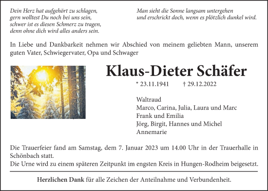 Traueranzeige von Klaus-Dieter Schäfer von Licher Wochenblatt, Licher Wochenblatt