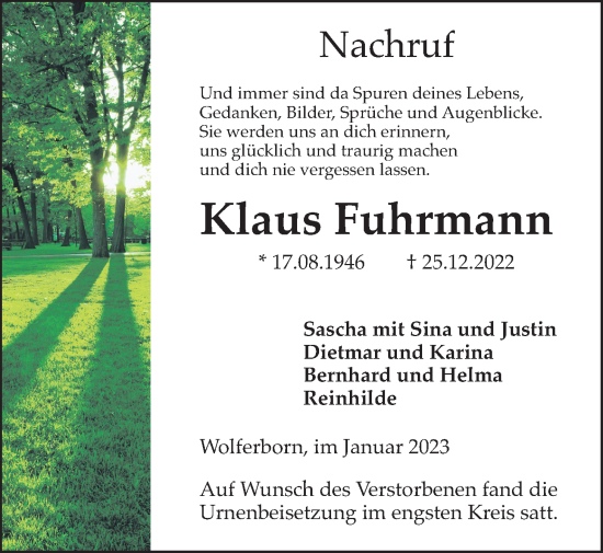 Traueranzeige von Klaus Fuhrmann von Kreis-Anzeiger