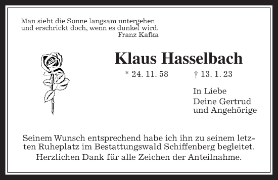 Traueranzeige von Klaus Hasselbach von Giessener Allgemeine, Alsfelder Allgemeine