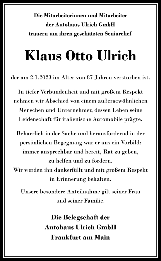 Traueranzeige von Klaus Otto Ulrich von Wetterauer Zeitung