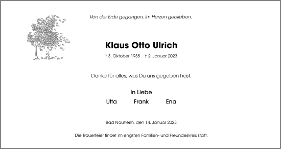 Traueranzeige von Klaus Otto Ulrich von Wetterauer Zeitung